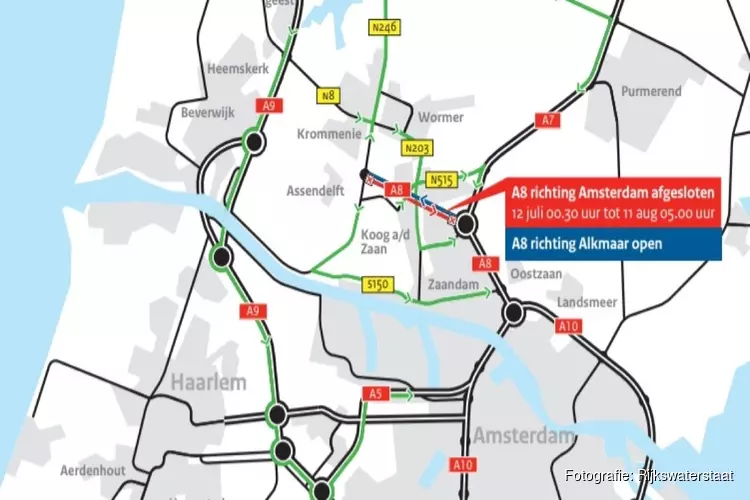 A8 gaat vier weken dicht voor verkeer richting Amsterdam