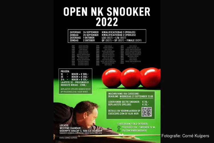 Titelhouder Van Rijsbergen wil zesde keer goud op Open NK Snooker 2022, Fabrie uitgeschakeld in kwalificatieronde